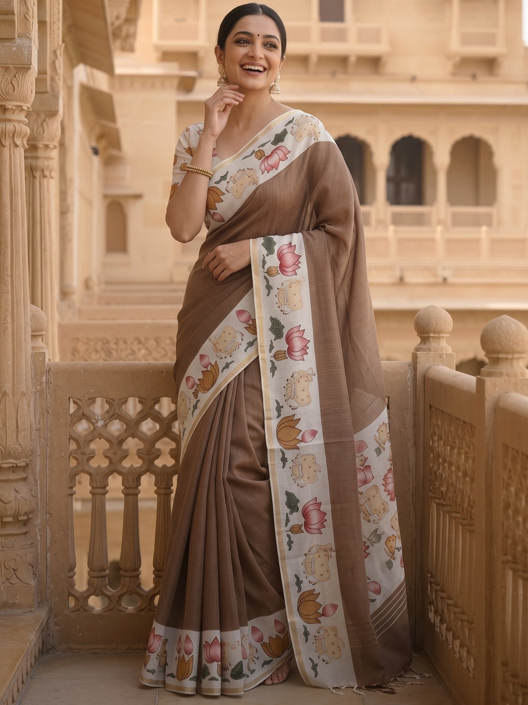 Elegant Chikoo Linen Saree with Lotus Border Print - Image 8