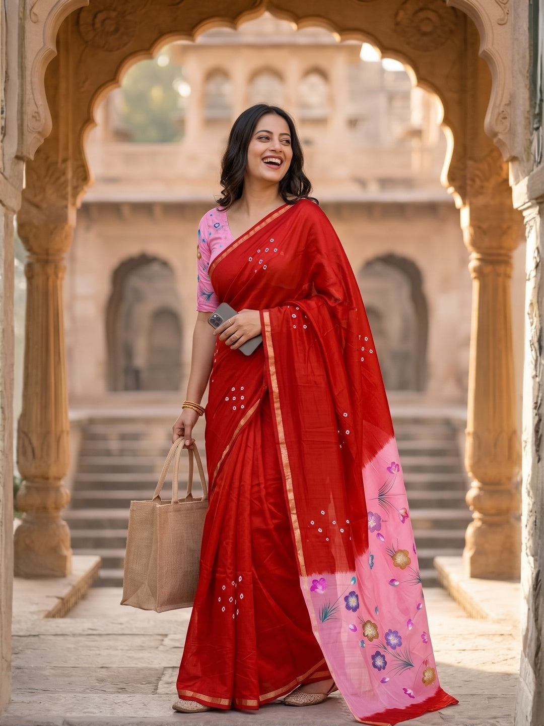 Ethnic Red Bandhani Print Mulmul Cotton Saree With Elegant Floral Pallu Design - Image 4