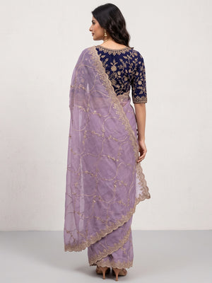 Sophisticated Lavender Georgette Saree Showcasing Sequins & Golden Thread Embroidery - Image 2