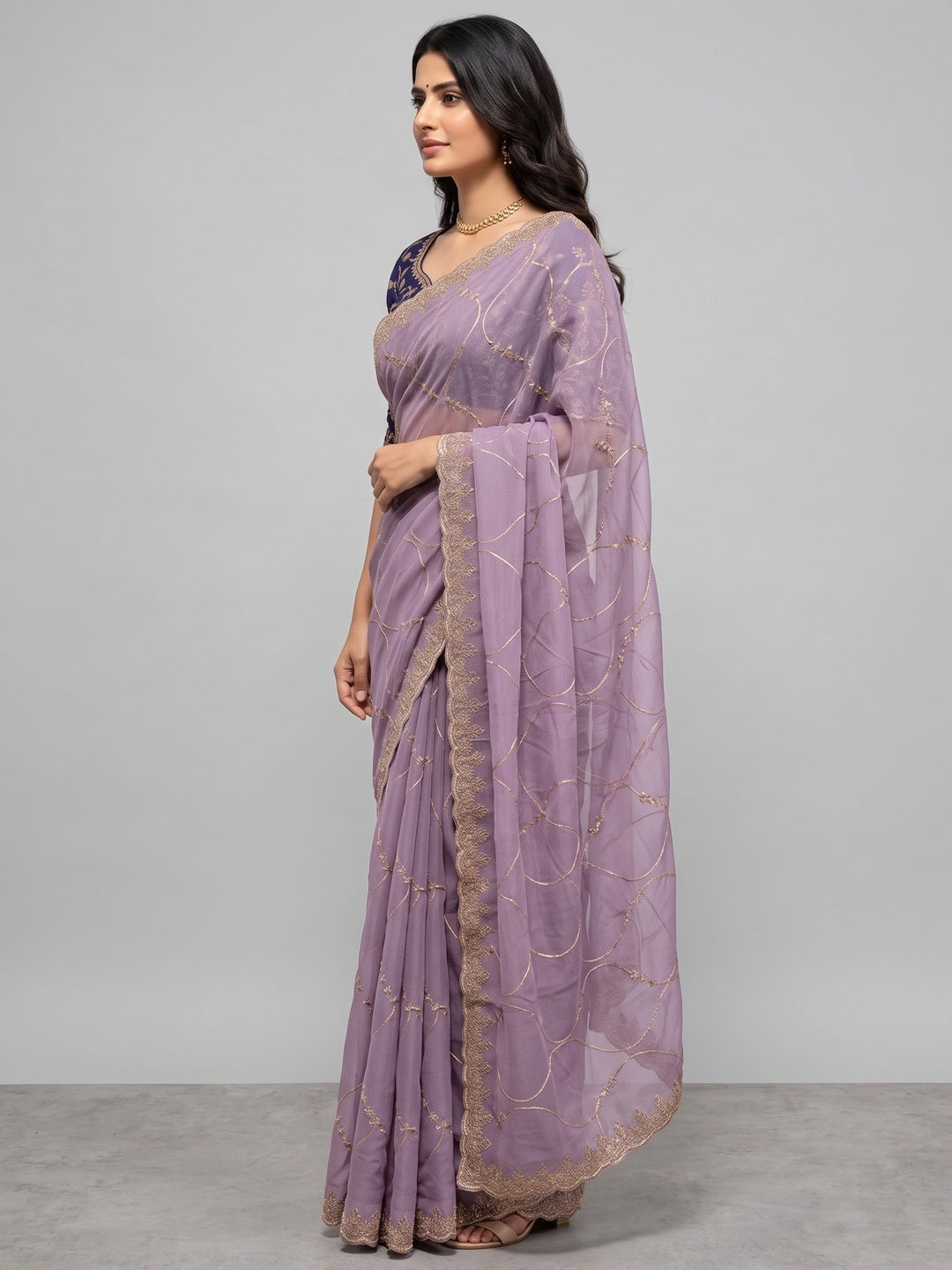 Sophisticated Lavender Georgette Saree Showcasing Sequins & Golden Thread Embroidery - Image 3