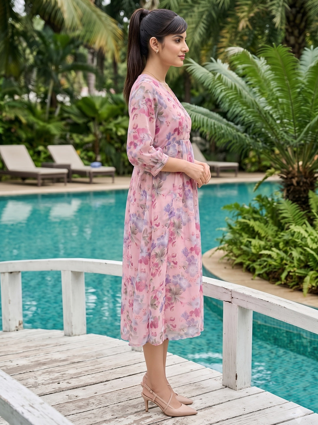 Rich Pink Floral Printed Chiffon Maxi Dress Feminine Elegant Appeal - Image 4