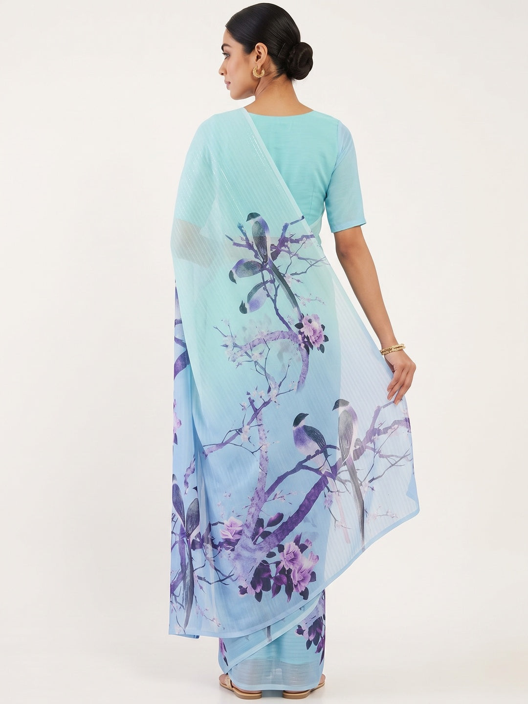 Light Turquoise Sparkle Star Georgette Saree Adorned With Floral & Bird Digital Prints - Image 6