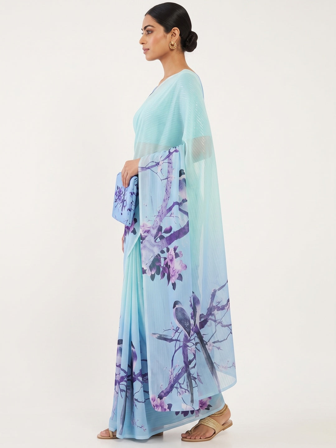 Light Turquoise Sparkle Star Georgette Saree Adorned With Floral & Bird Digital Prints - Image 7