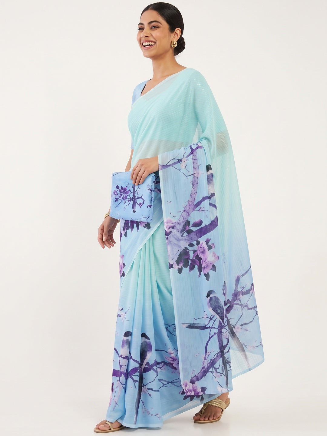 Light Turquoise Sparkle Star Georgette Saree Adorned With Floral & Bird Digital Prints - Image 8