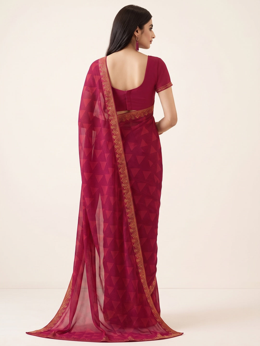 Pink Printed Georgette Saree With Lace Border - Image 3