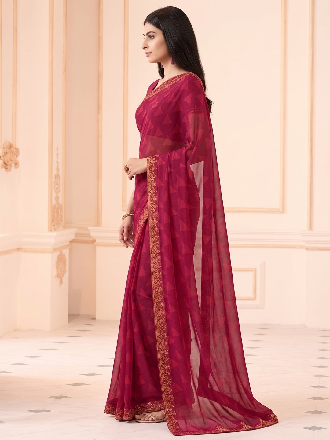 Pink Printed Georgette Saree With Lace Border - Image 4