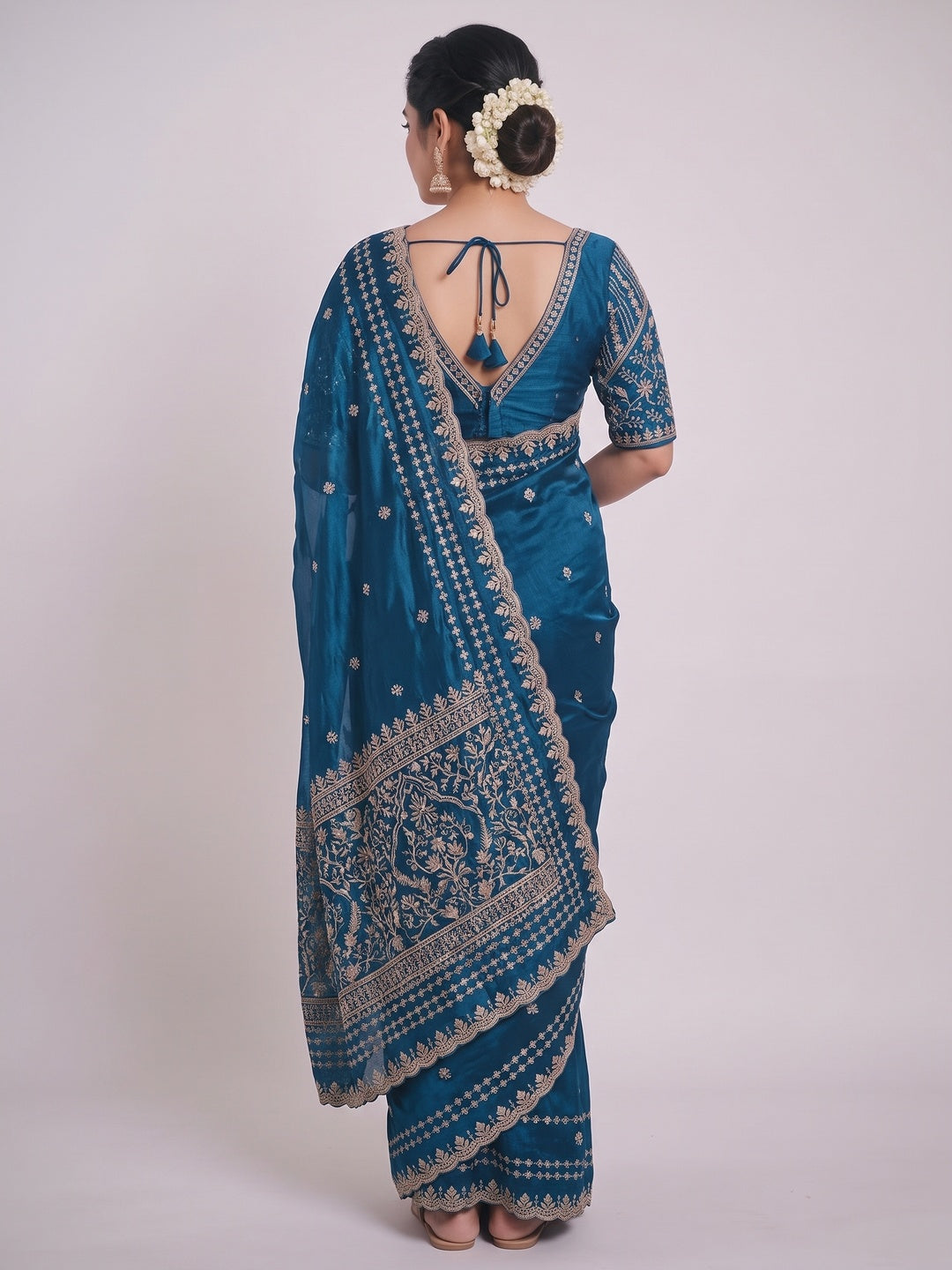 Luxurious Blue Floral Zari Embroidered Satin Saree Accented With Fine Sequins Work - Image 2