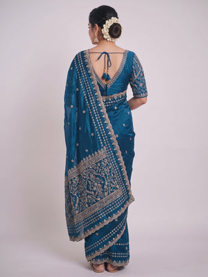 Luxurious Blue Floral Zari Embroidered Satin Saree Accented With Fine Sequins Work - Image 2