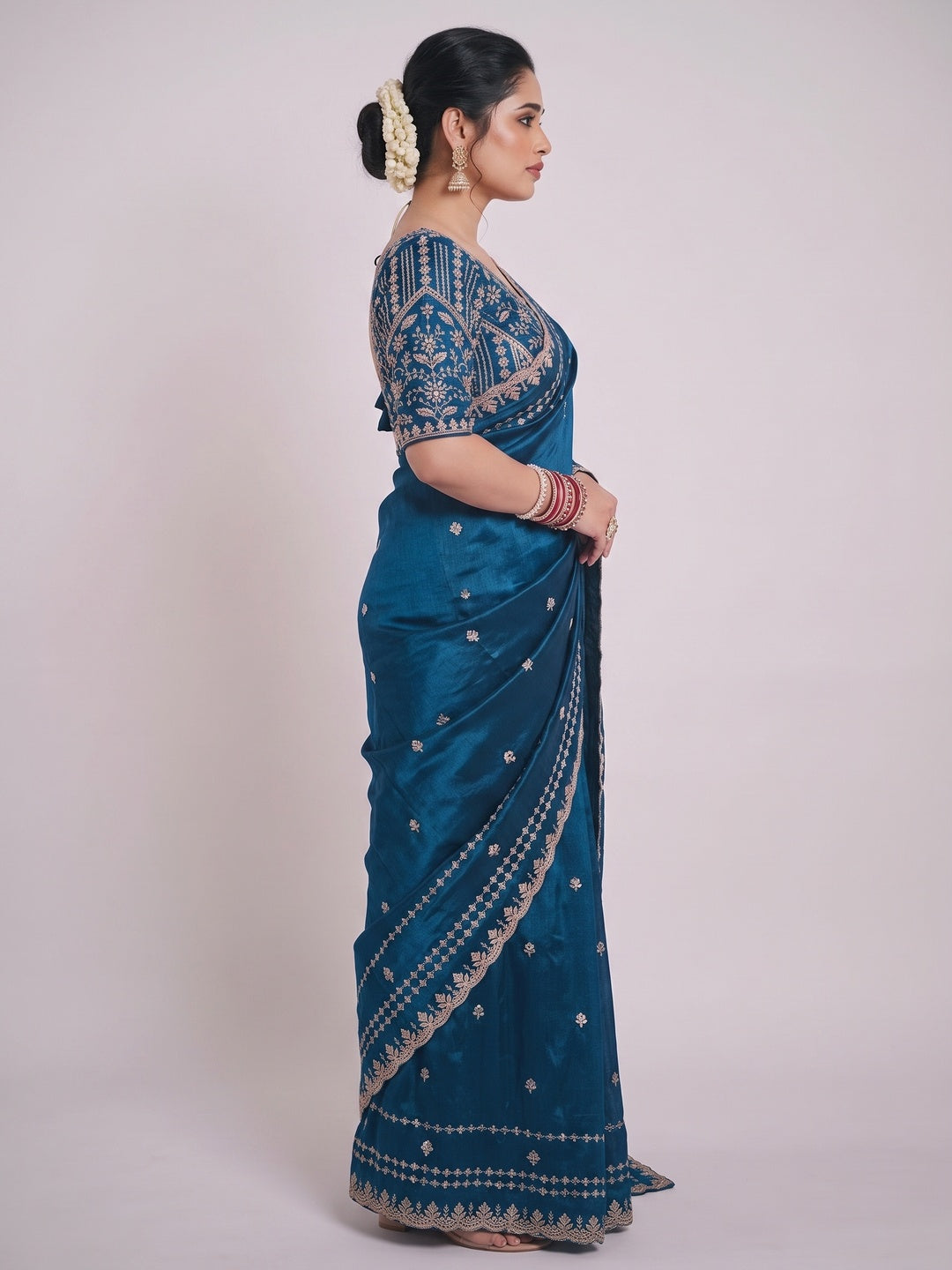 Luxurious Blue Floral Zari Embroidered Satin Saree Accented With Fine Sequins Work - Image 3