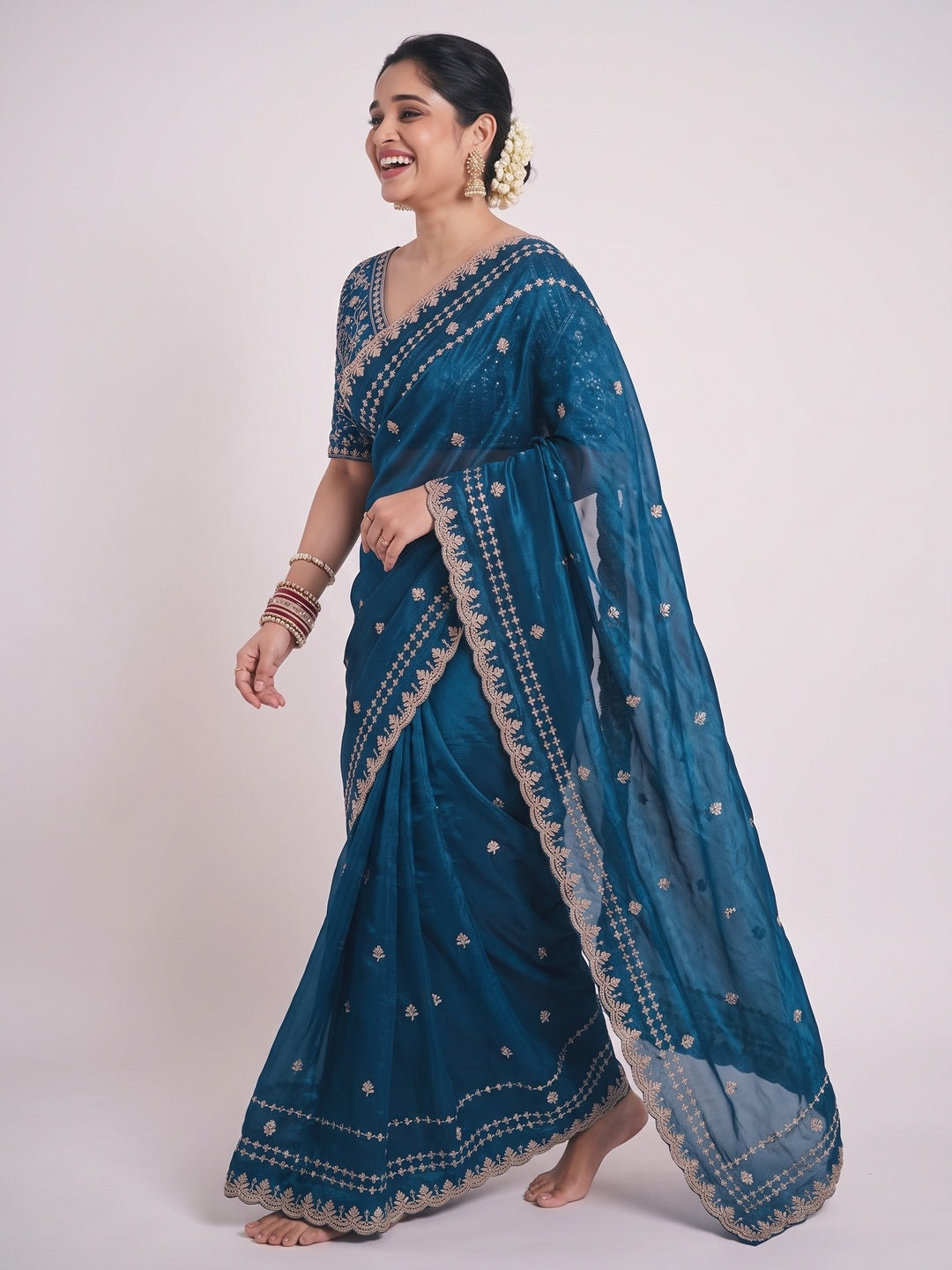 Luxurious Blue Floral Zari Embroidered Satin Saree Accented With Fine Sequins Work - Image 4