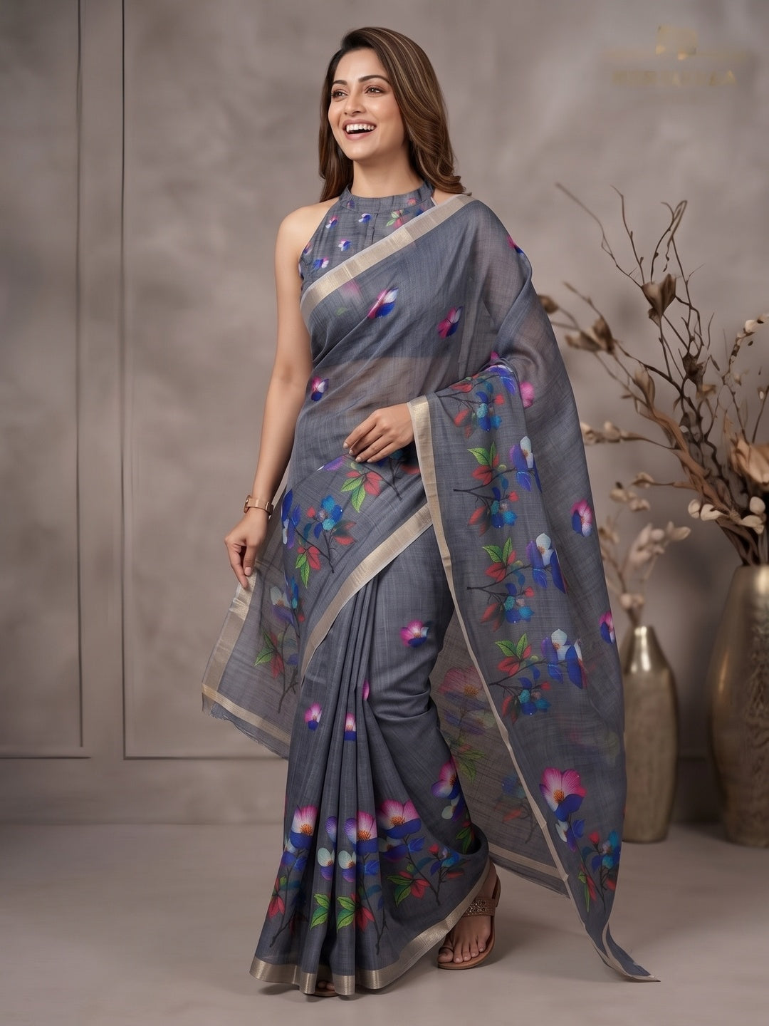 Dark Grey Floral Printed Linen Saree Adorned With Elegant Golden Zari Border Work - Image 4