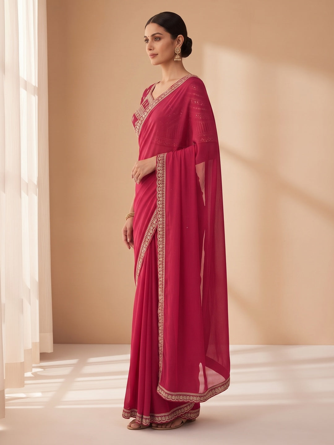 Ethnic Pink Satin Saree with Elegant Embroidered Blouse - Image 3
