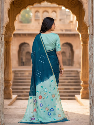 Rama Blue Mulmul Cotton Saree with Floral Print - Image 2
