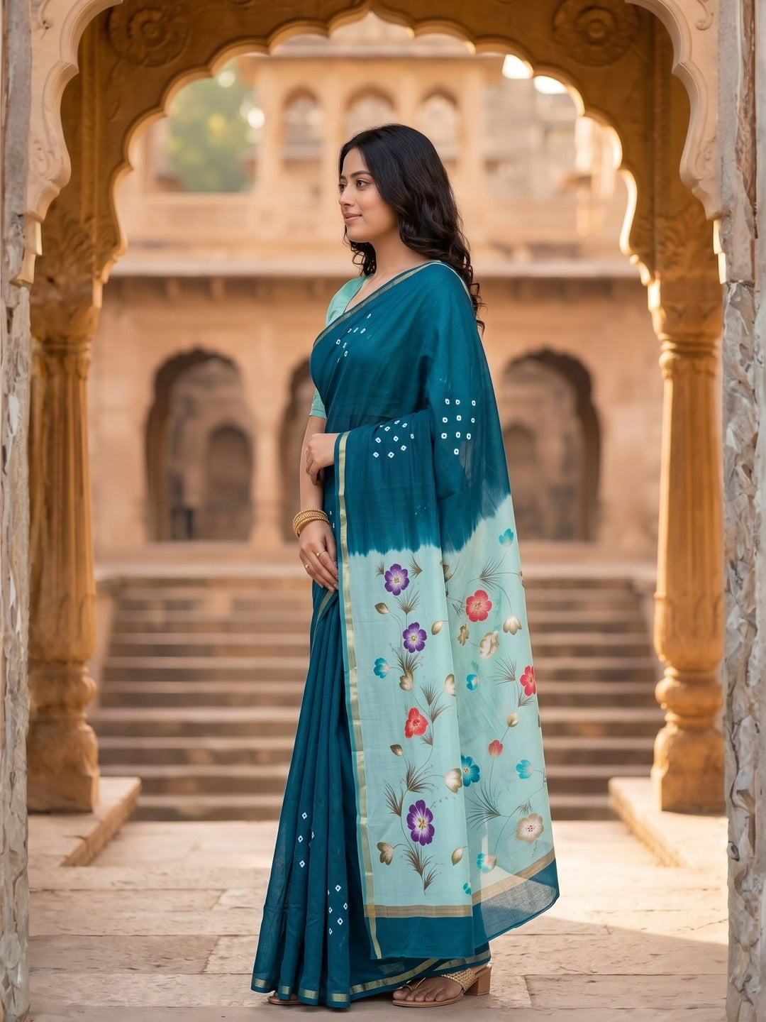 Rama Blue Mulmul Cotton Saree with Floral Print - Image 3