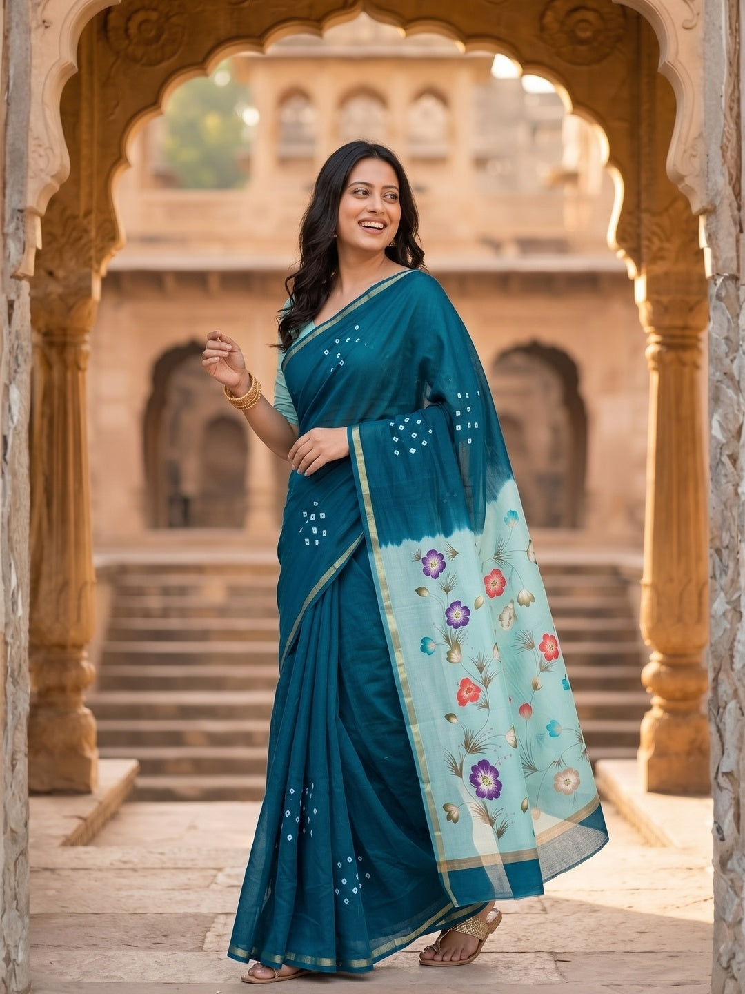 Rama Blue Mulmul Cotton Saree with Floral Print - Image 4