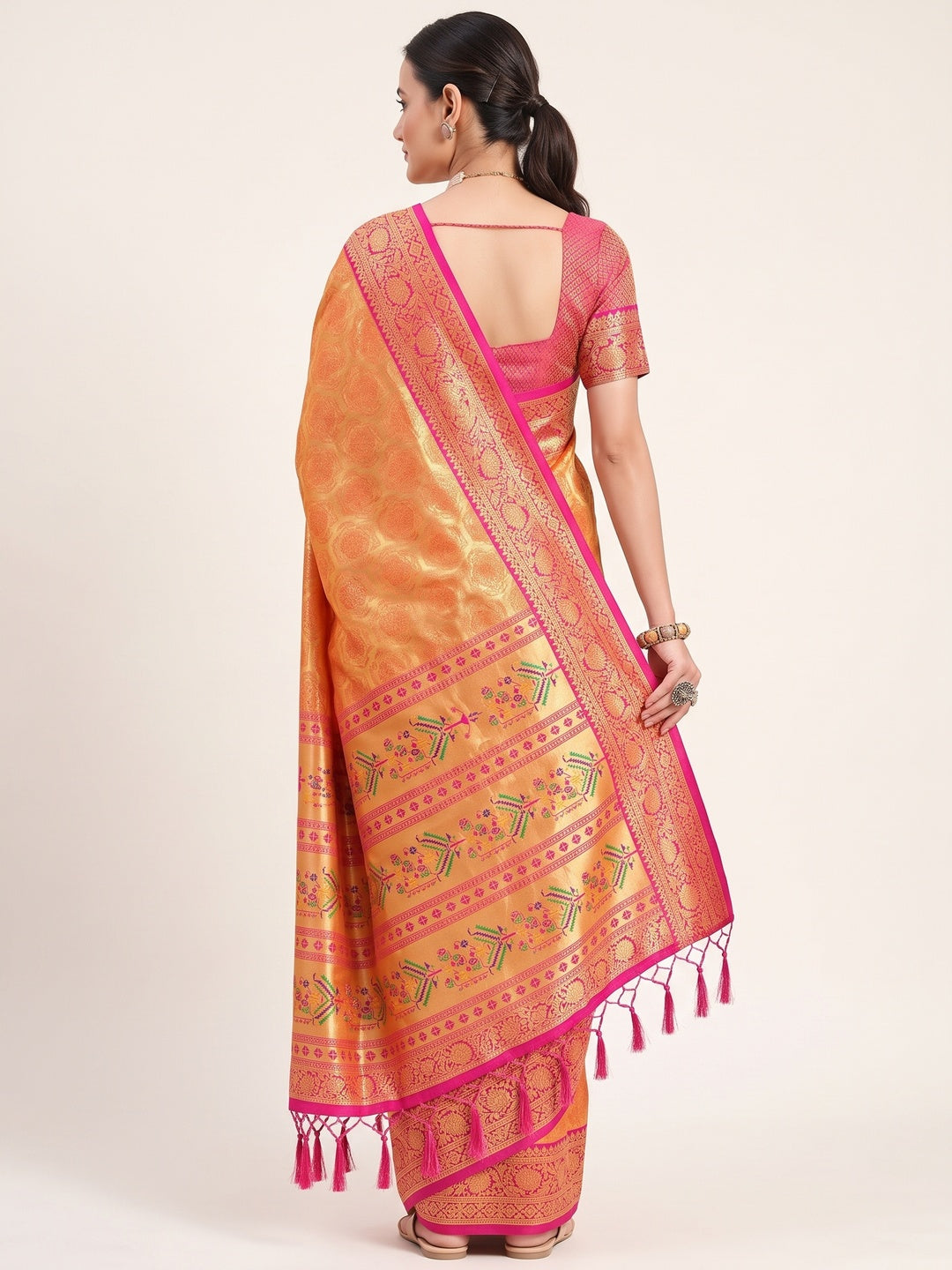 Orange Paithani Saree In Kanjivaram Silk Featuring Floral Woven Motifs & Tassel Pallu - Image 2