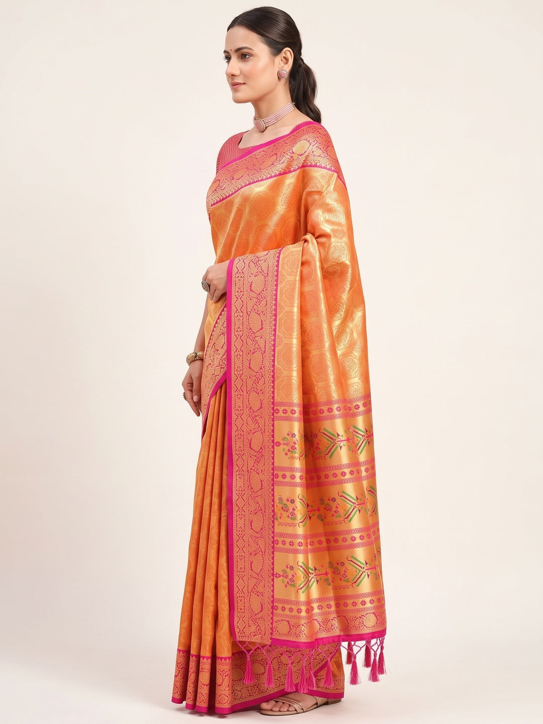 Orange Paithani Saree In Kanjivaram Silk Featuring Floral Woven Motifs & Tassel Pallu - Image 3