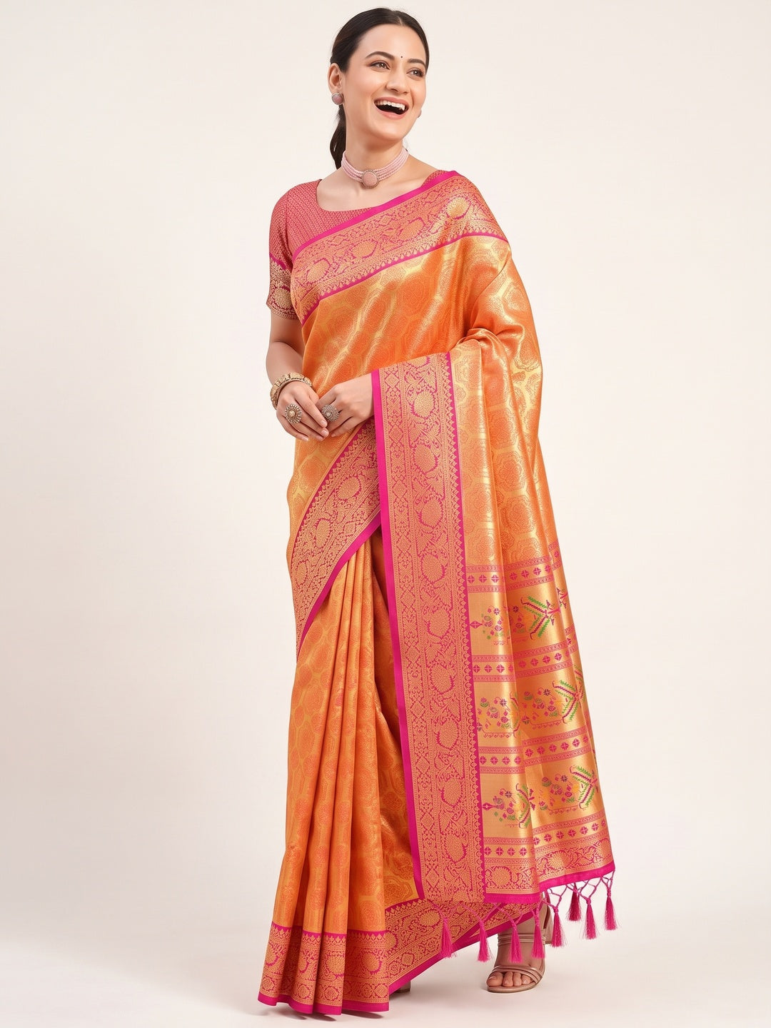 Orange Paithani Saree In Kanjivaram Silk Featuring Floral Woven Motifs & Tassel Pallu - Image 4