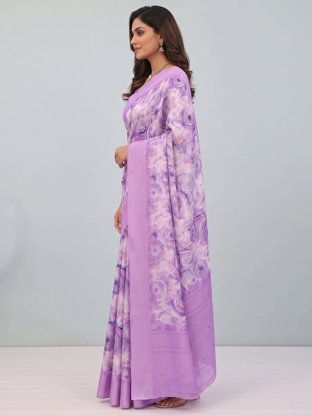 Lavender Digital Print Silk Blend Lucknowi Saree With Jacquard Woven Border & Rich Pallu - Image 10