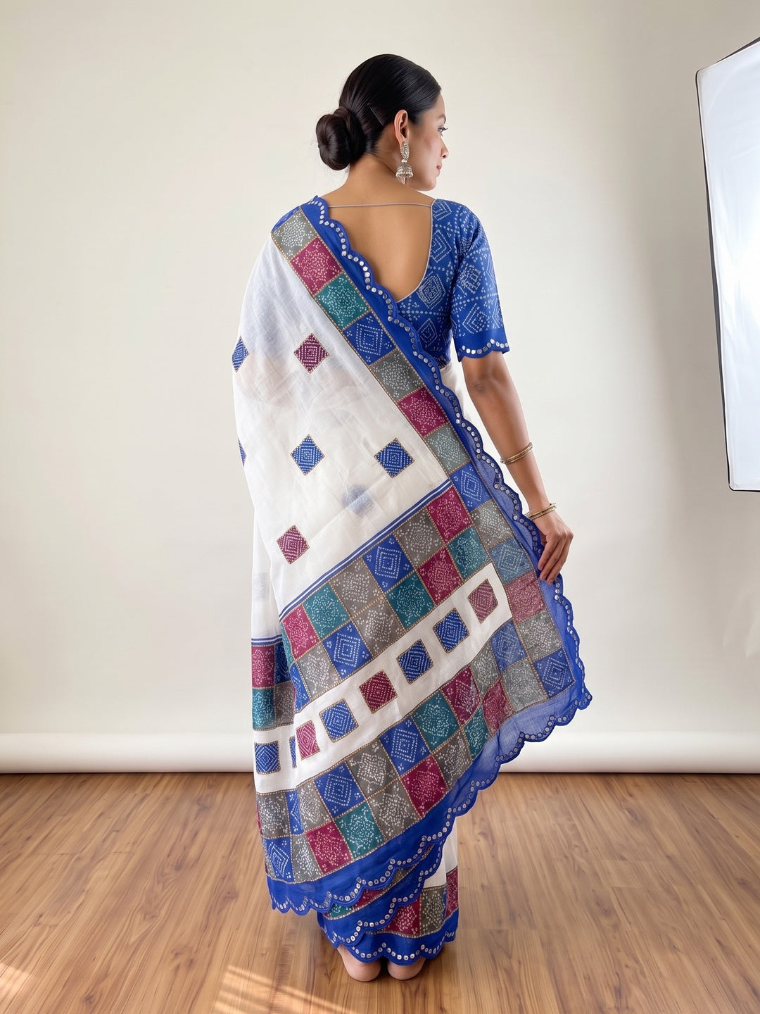 Elegant White & Blue Vichitra Silk Bandhani Saree with Mirror Work - Image 2