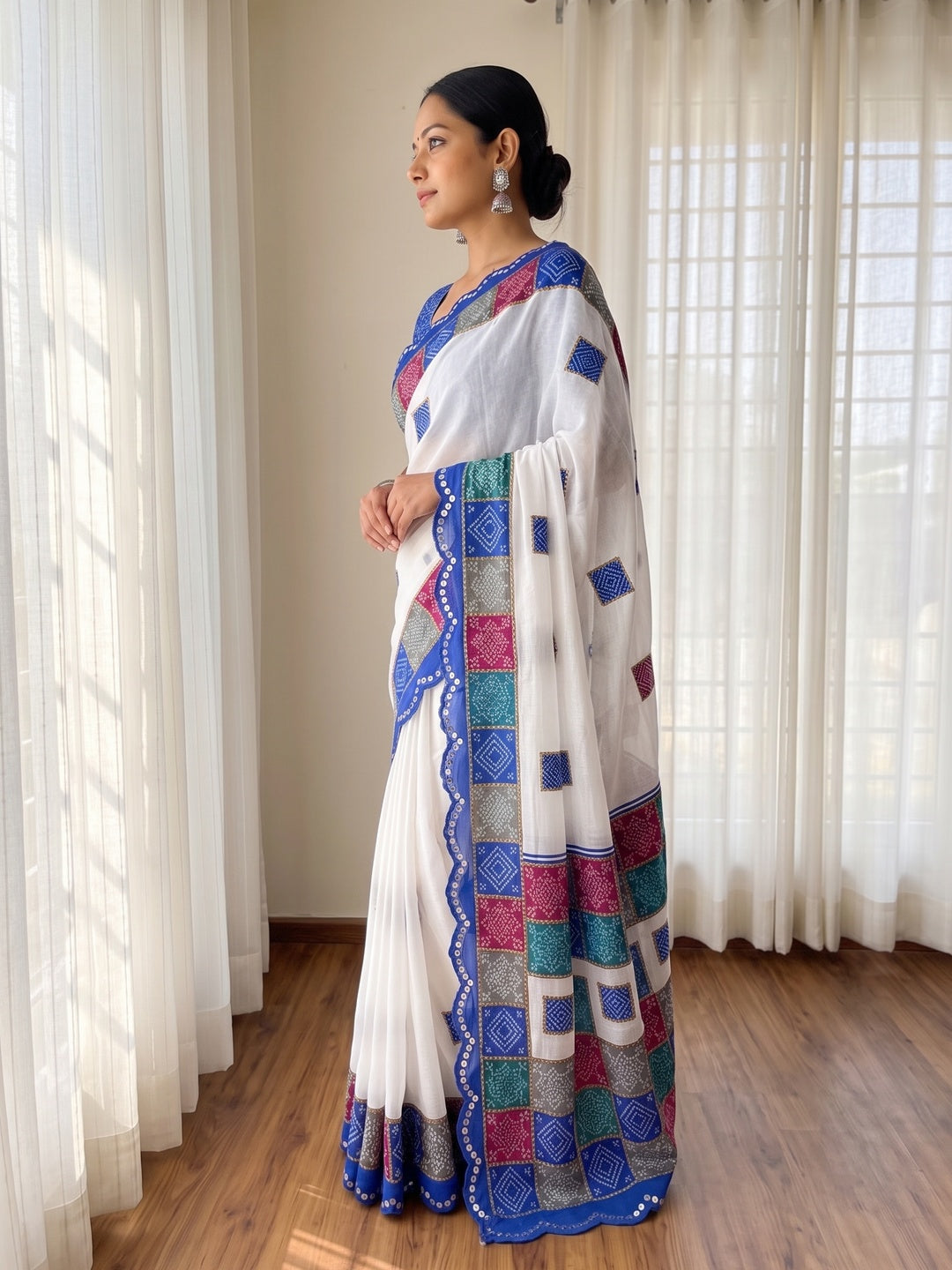 Elegant White & Blue Vichitra Silk Bandhani Saree with Mirror Work - Image 3