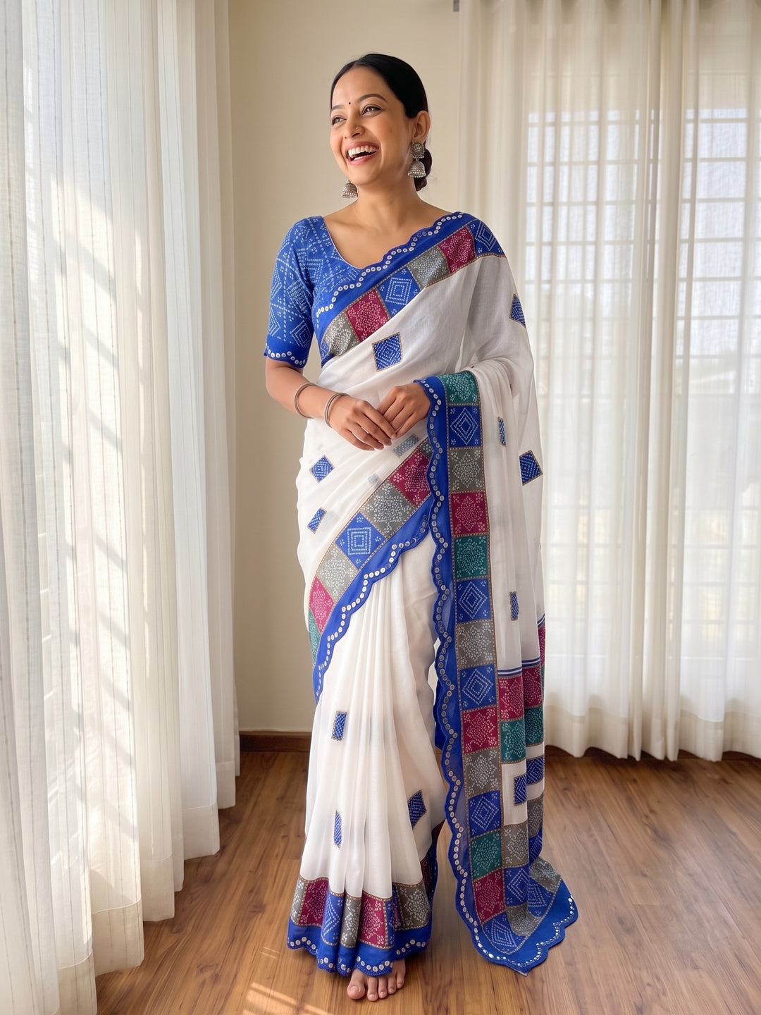 Elegant White & Blue Vichitra Silk Bandhani Saree with Mirror Work - Image 4