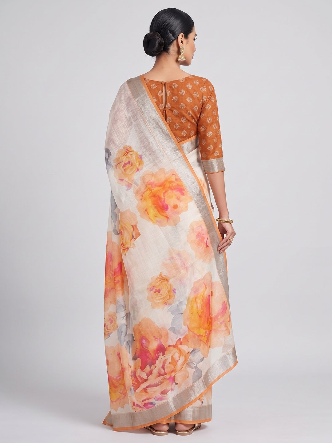 Refreshing Orange Floral Digital Printed Linen Saree Accented With A Subtle Silver Border - Image 2