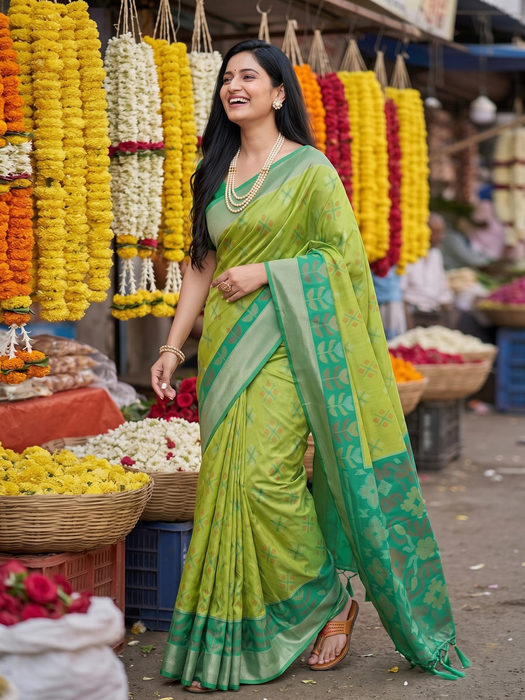 Radiant Green Silk Blend Saree Featuring Intricate Zari Weaving & Tassel Pallu - Image 4