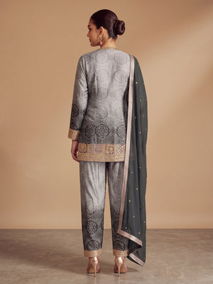 Grey & Black Bandhani Print With Sequins Embroidered Chinon Palazzo Suit - Image 2