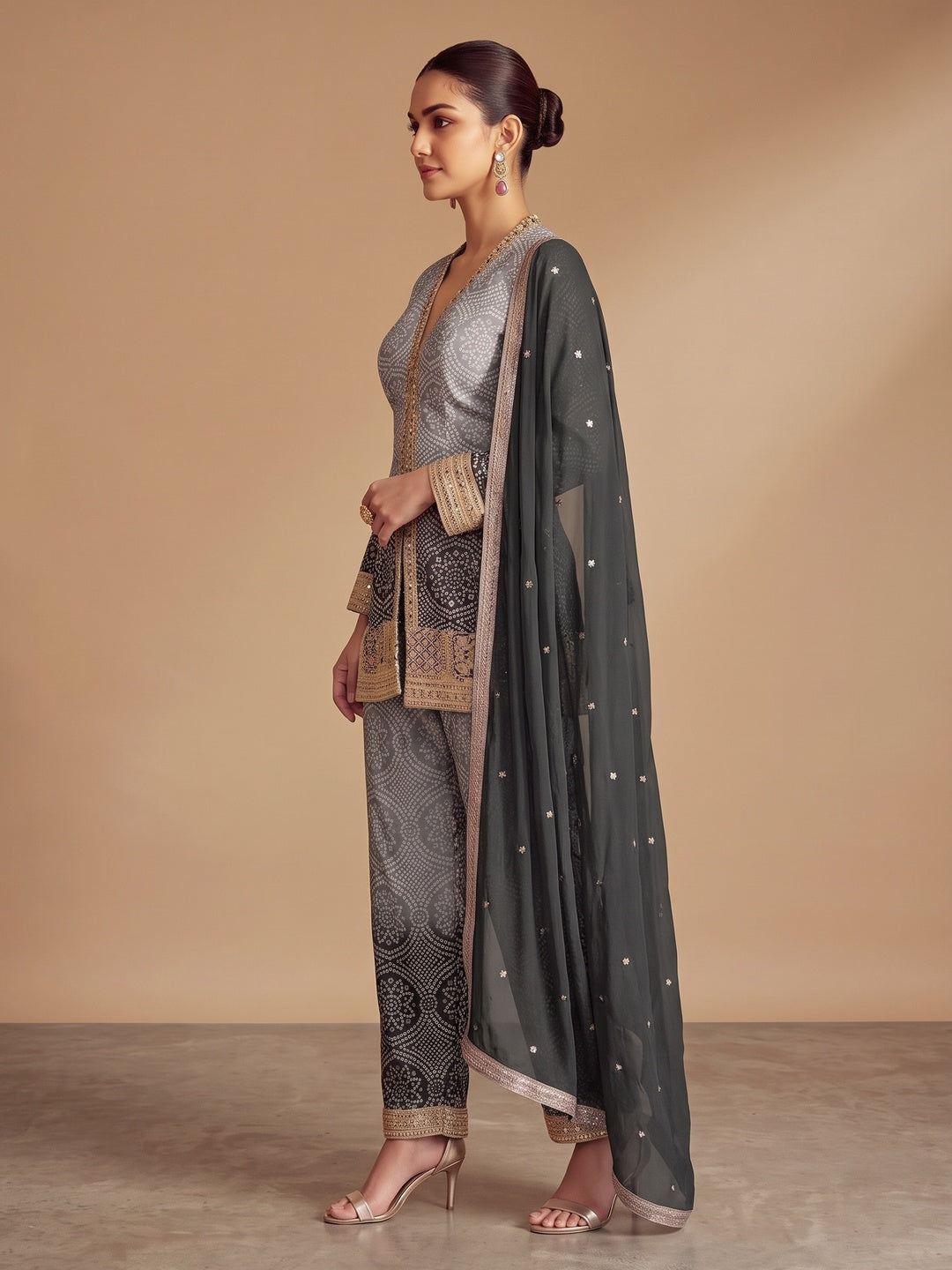 Grey & Black Bandhani Print With Sequins Embroidered Chinon Palazzo Suit - Image 3