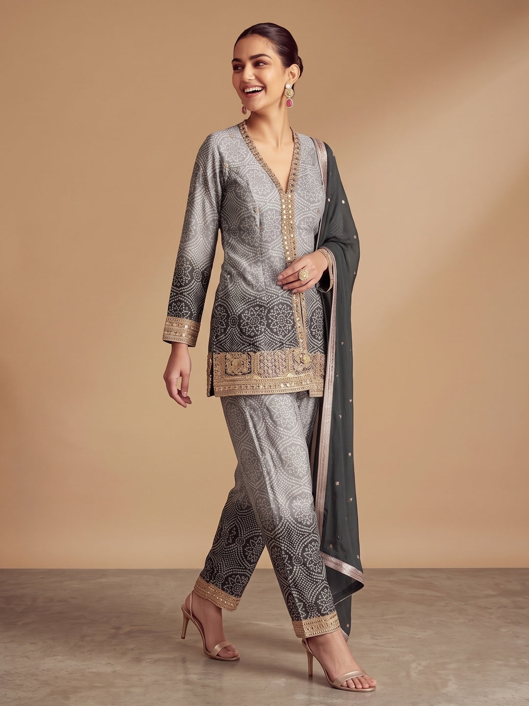 Grey & Black Bandhani Print With Sequins Embroidered Chinon Palazzo Suit - Image 4