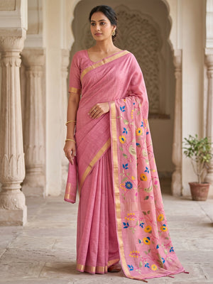 Peachmode Pink Jamdani Silk Floral Woven Saree - Image 1