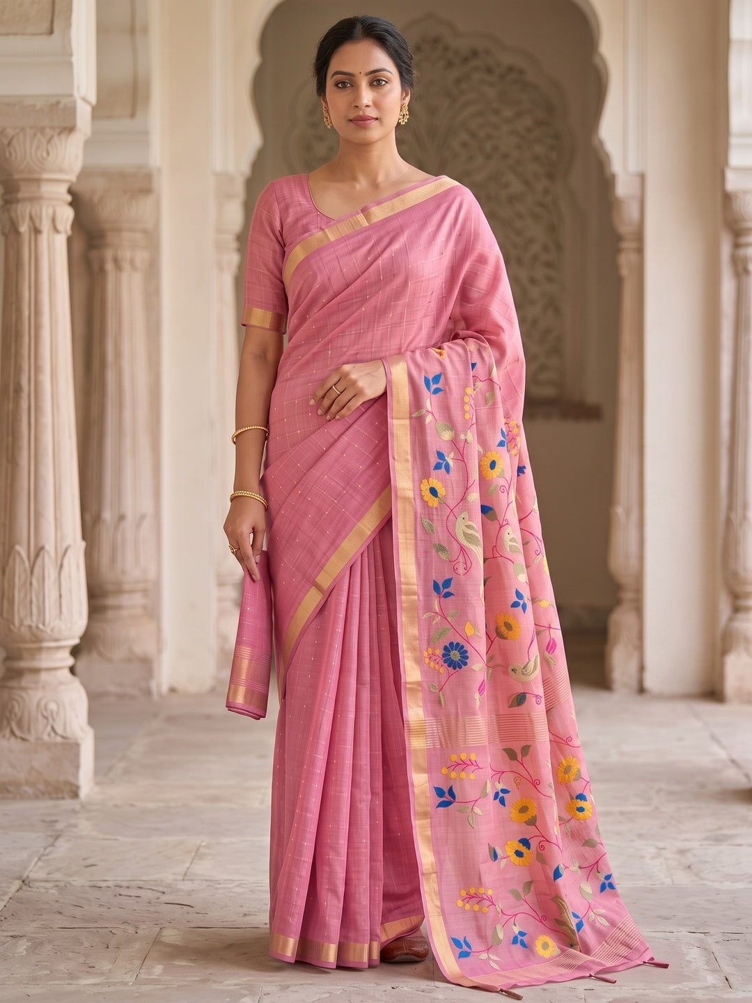 Peachmode Pink Jamdani Silk Floral Woven Saree - Image 2