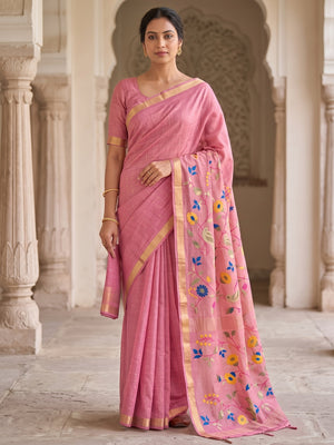Peachmode Pink Jamdani Silk Floral Woven Saree - Image 2