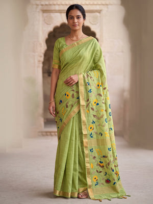 Peachmode Lime Green Jamdani Silk Floral Woven Saree - Image 2