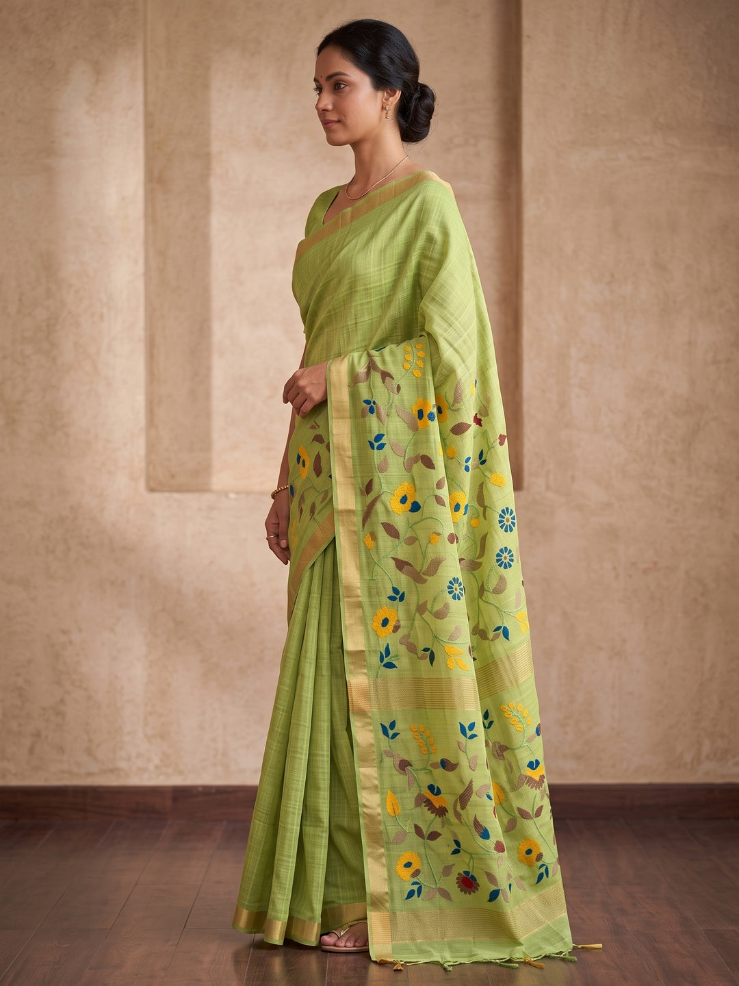 Peachmode Lime Green Jamdani Silk Floral Woven Saree - Image 4