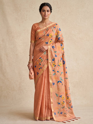Peachmode Peach Jamdani Silk Floral Woven Saree - Image 2