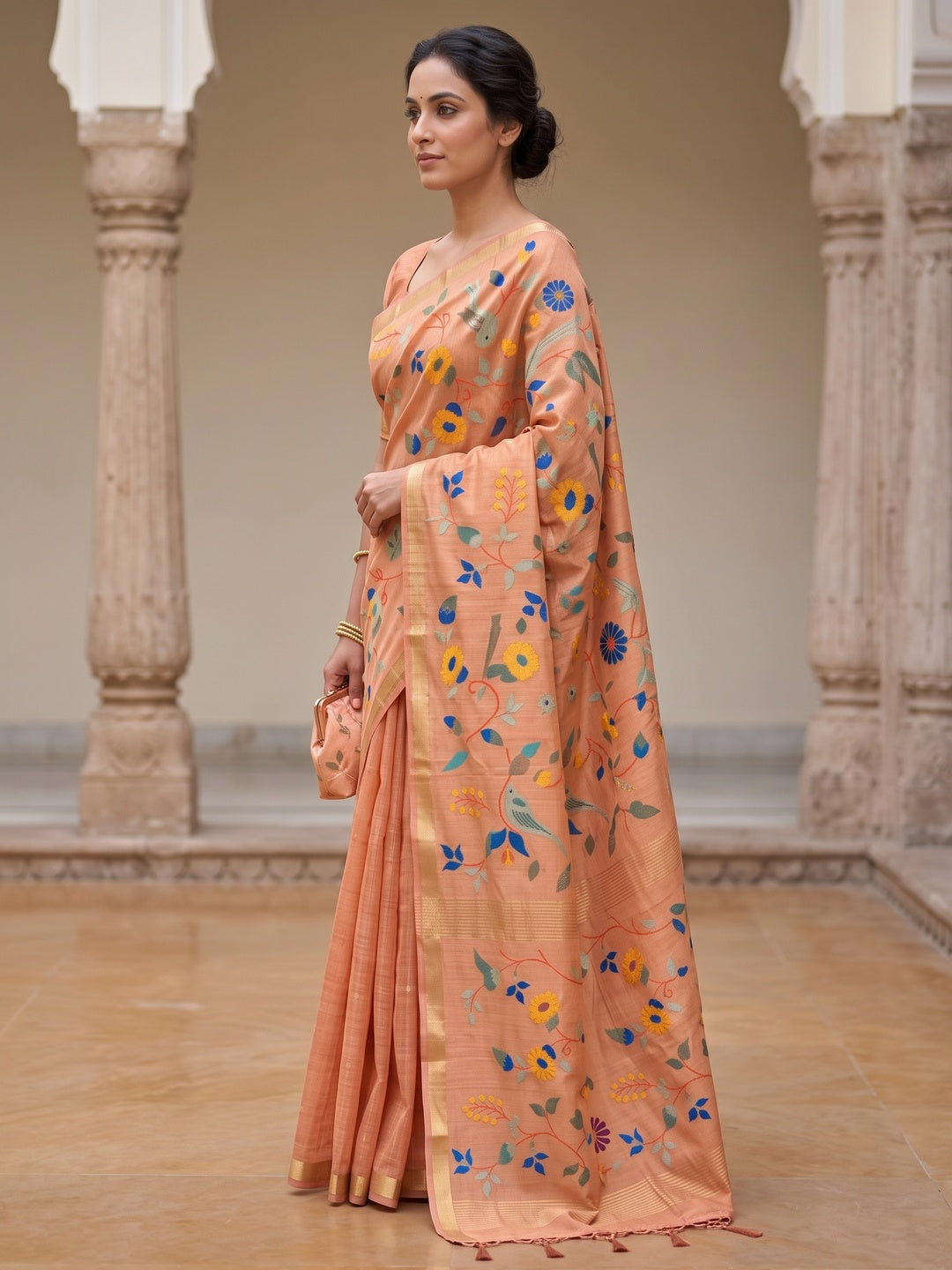 Peachmode Peach Jamdani Silk Floral Woven Saree - Image 4