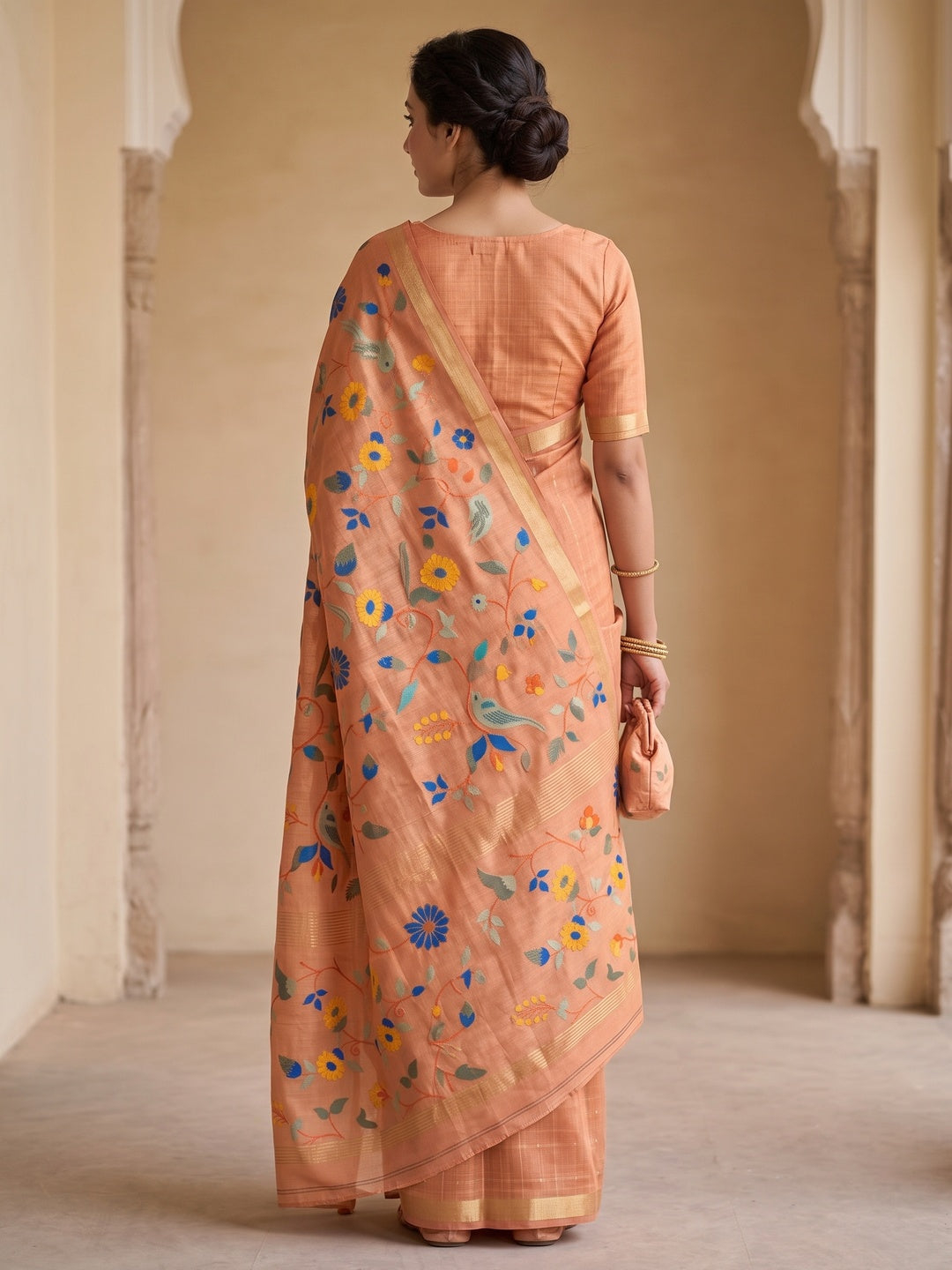 Peachmode Peach Jamdani Silk Floral Woven Saree - Image 5