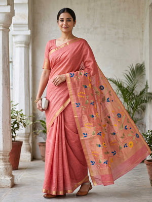 Peachmode Coral Jamdani Silk Floral Woven Saree - Image 1