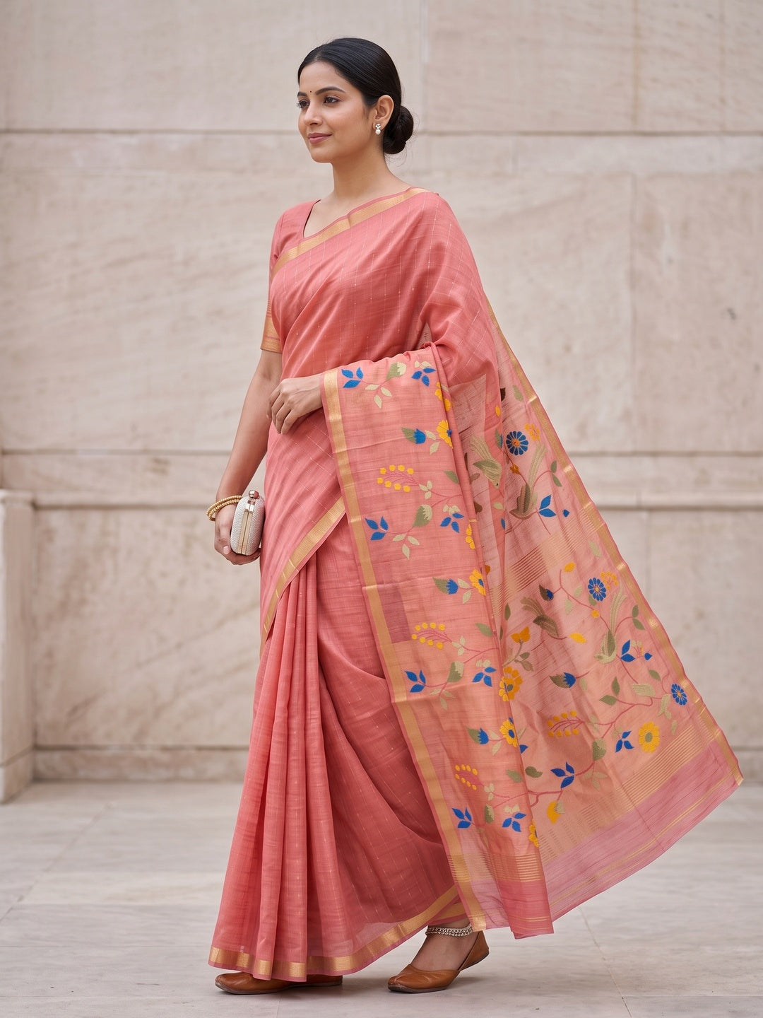 Peachmode Coral Jamdani Silk Floral Woven Saree - Image 3