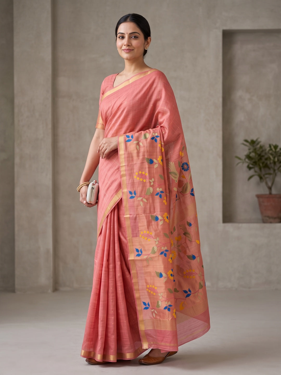 Peachmode Coral Jamdani Silk Floral Woven Saree - Image 4