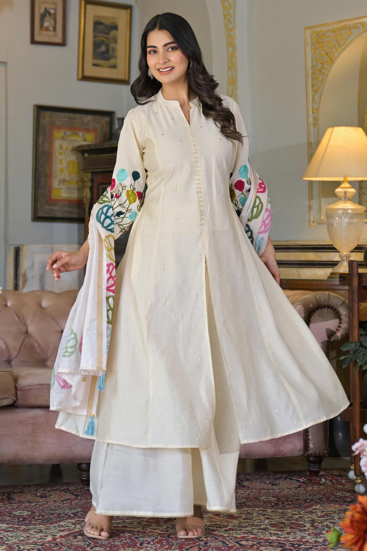 Cream Thread Embroidered Chanderi A-Line Salwar Suit - Image 1