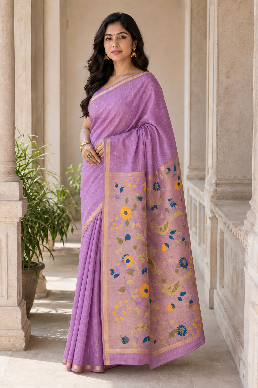 Peachmode Lavender Jamdani Silk Floral Woven Saree - Image 3