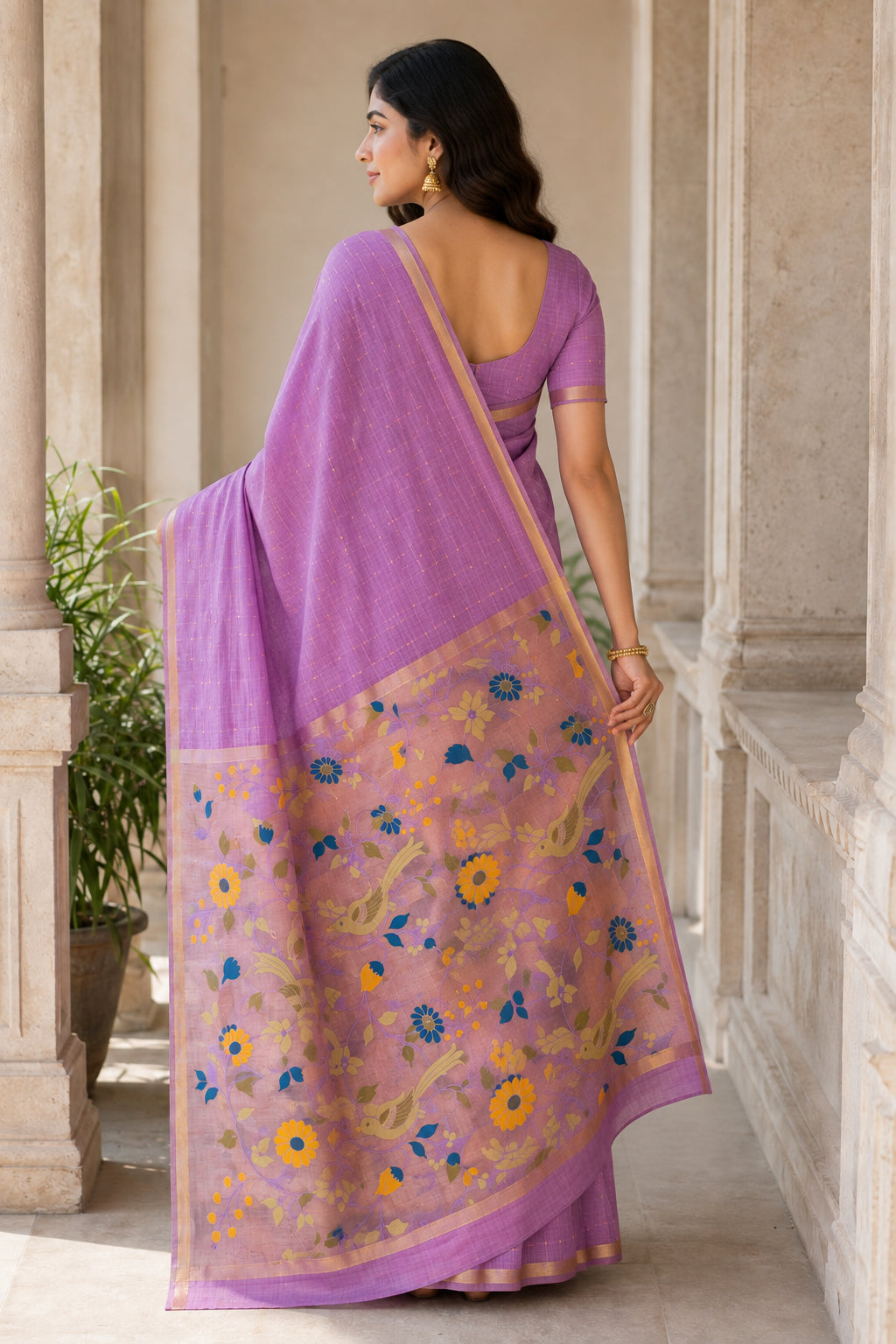 Peachmode Lavender Jamdani Silk Floral Woven Saree - Image 4