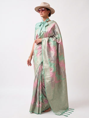 Sea Green Floral Woven Satin Saree With Tassels - Image 1