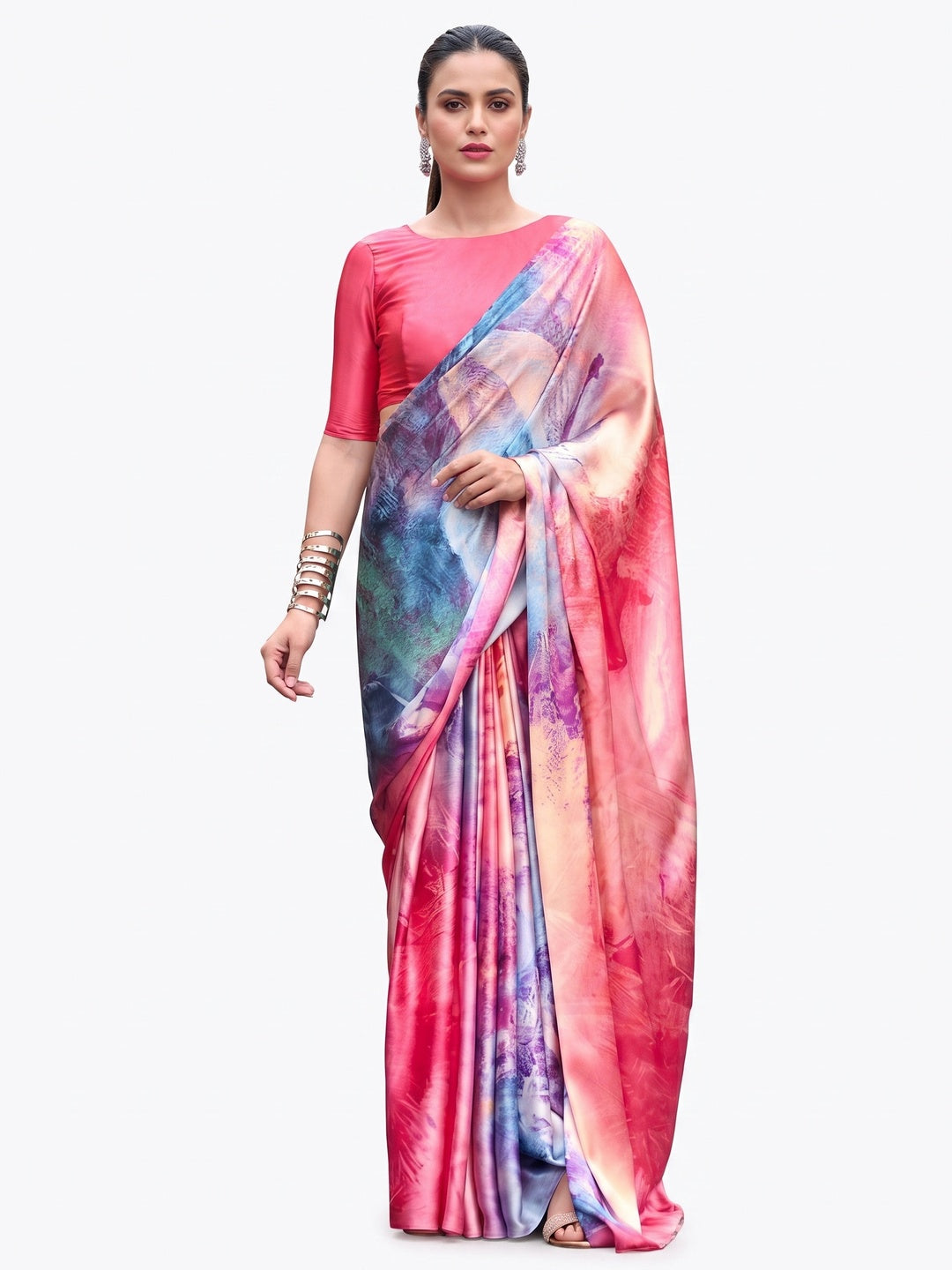 Gajri Pink Digital Printed Pure Satin Saree - Image 1