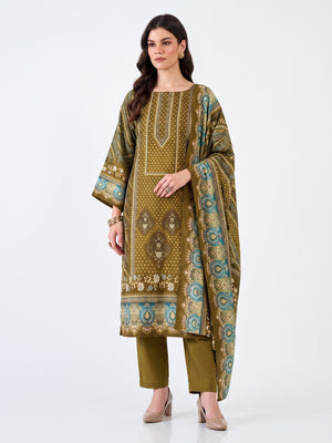 Designed Mehendi Green Pure Pashmina Wool Fabric with Floral Prints for Timeless Appeal - Image 1