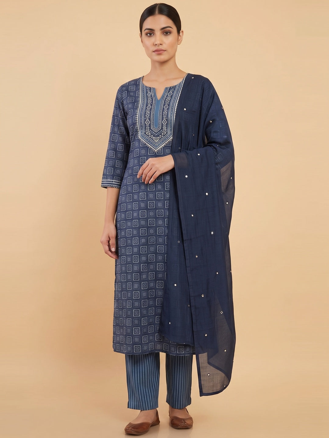 Navy Blue Printed Pure Cotton Salwar Suit - Image 1