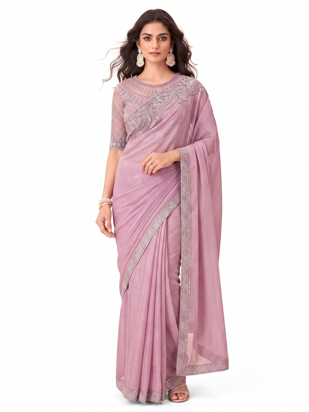 Light Pink Embroidered Chiffon Saree - Image 1